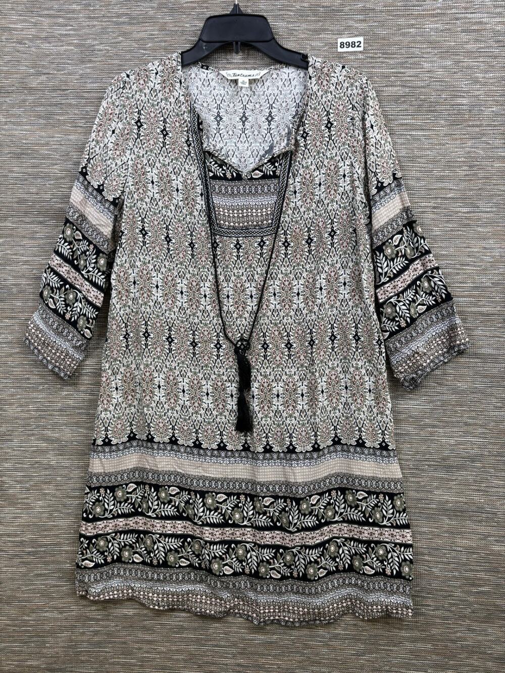 Tantrums Peasant Tassels Moroccan Dress Womens M Gray Black Multi 3/4 Sleeves